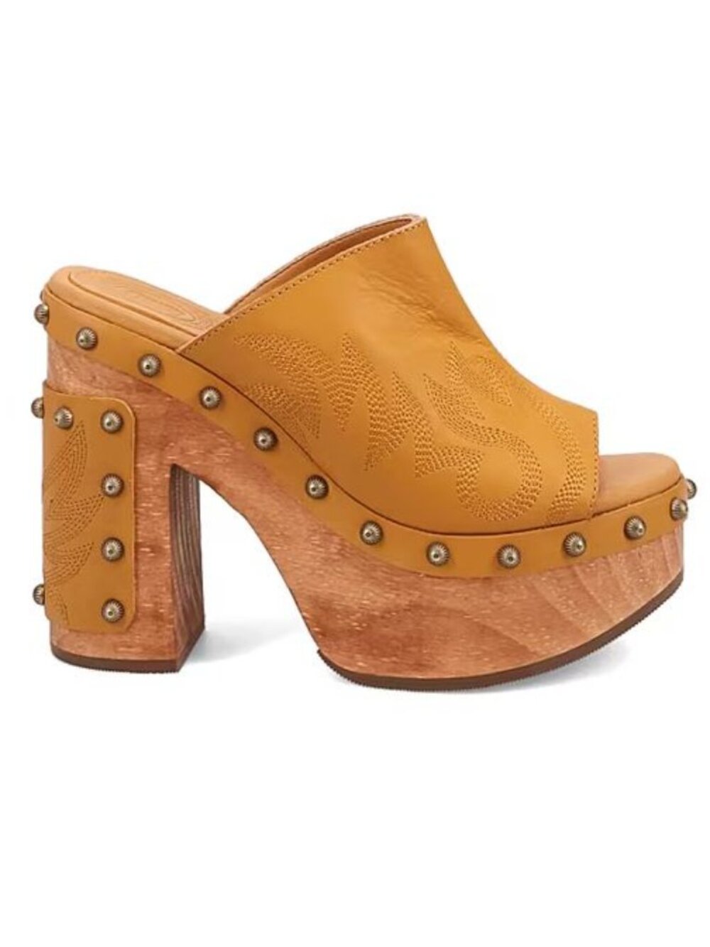 DINGO Free Spirit Wooden Studded Platform Sandals 9 M Mustard Yellow Leather NEW